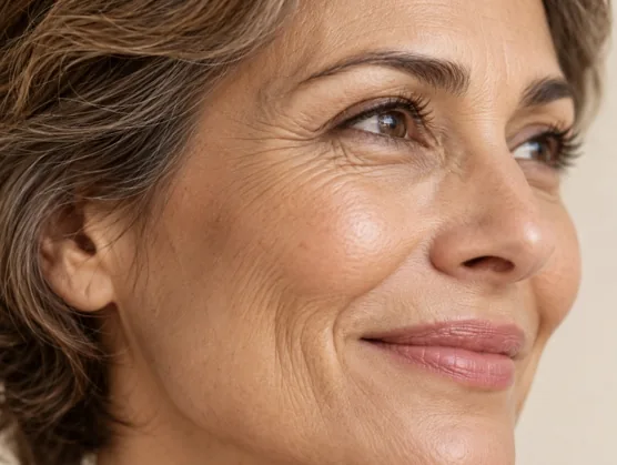 Smiling face showing fine lines around the eyes