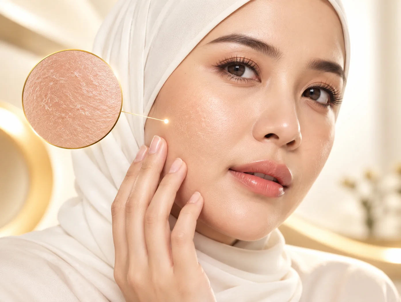 Woman touching her cheek with hydrated-looking skin