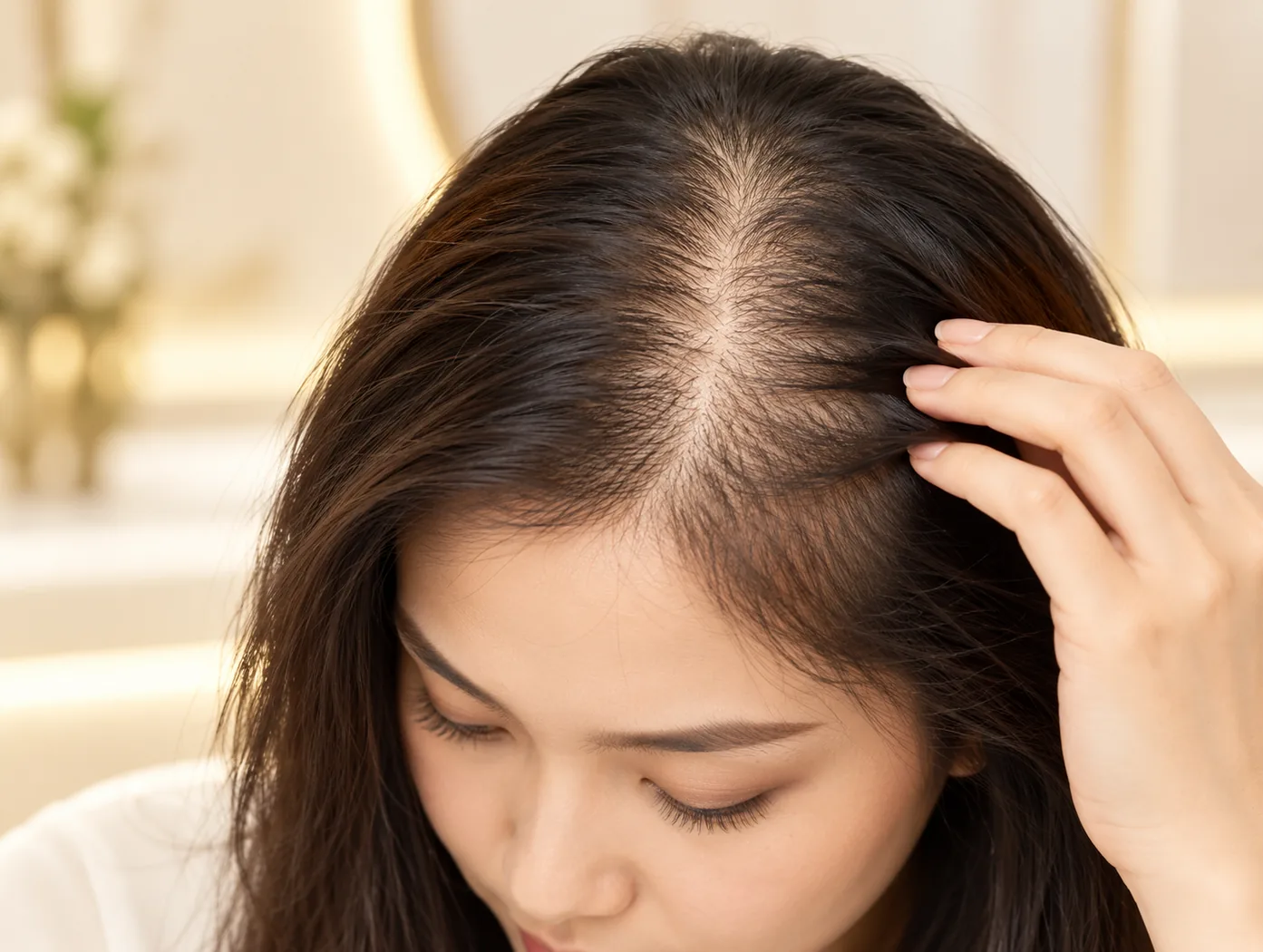 Woman parting her hair to show thinning