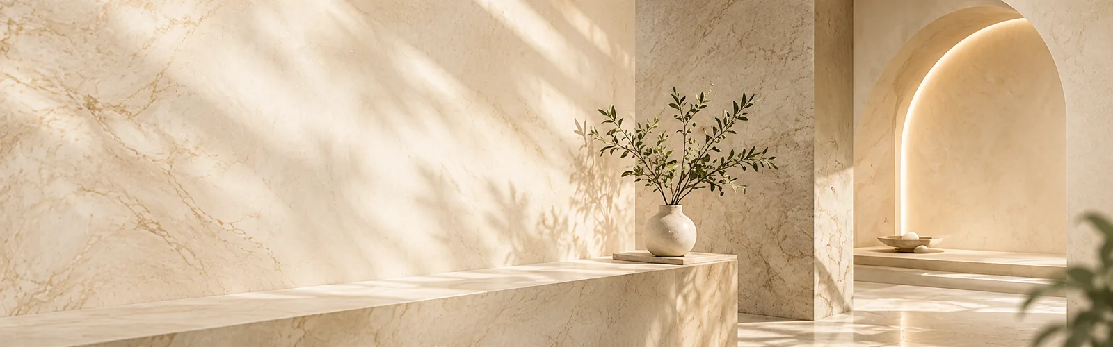 Marble interior detail with arched niche and plants