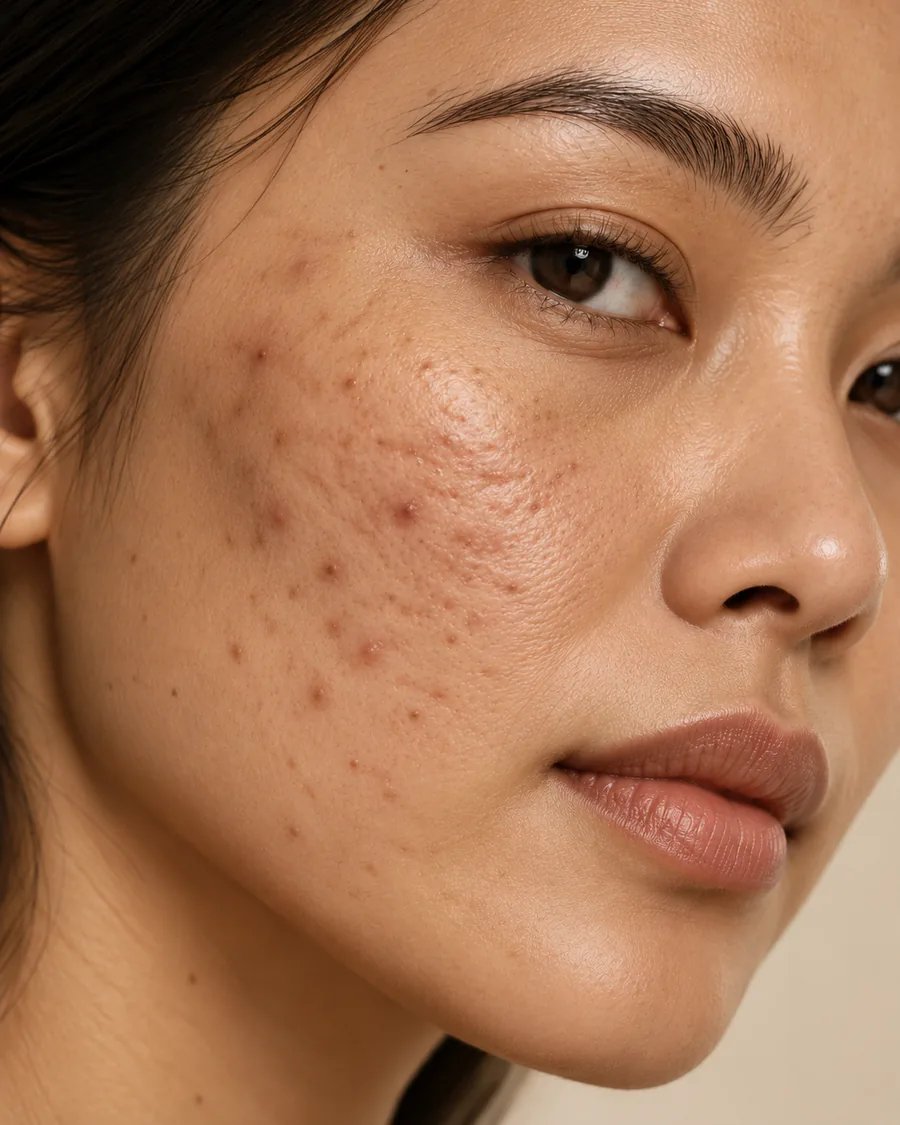 Active acne and post-acne marks on the cheek